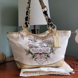 NWT Coach Y2K Tattoo Pegasus & Carriage Canvas & Gold Leather Chain Tote #13661